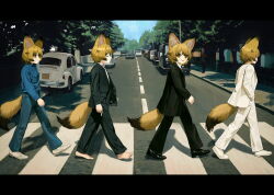 4girls animal_ears barefoot black_footwear black_suit blue_jumpsuit car cigarette closed_eyes crosswalk ebiri_fy flat_chest formal_clothes fox_ears fox_tail hand_in_pocket holding holding_cigarette jumpsuit looking_at_viewer motor_vehicle multiple_girls original outdoors parody suit tail tongue tongue_out walking white_footwear white_suit