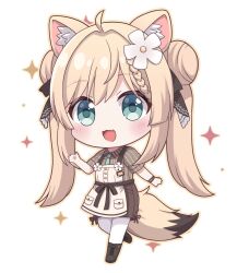 1girl :d ahoge animal_ear_fluff animal_ears apron aqua_eyes black_shoes blonde_hair blue_necktie blush boots braid braided_bun brown_shirt brown_shorts chibi collared_shirt cross-laced_shoes double_bun fang flower fox_ears fox_girl fox_tail full_body green_eyes hair_bun hair_flower hair_ornament highres long_hair looking_at_viewer manuka_(vrchat) necktie open_mouth pantyhose shirt shoes short_sleeves shorts sidelocks simple_background skin_fang smile solo sparkle standing striped_clothes striped_shirt tail twintails vertical-striped_clothes vertical-striped_shirt very_long_hair vrchat white_apron white_background white_flower white_pantyhose yukino_(weem4554)