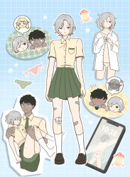 2boys 2girls bags_under_eyes bandaid bandaid_on_knee bandaid_on_leg black_eyes black_hair blonde_hair blue_eyes blush cellphone chibi chibi_inset cithis collared_shirt curly_hair dark-skinned_female dark-skinned_male dark_skin dressing dungeon_meshi elf fleki green_skirt grey_hair hertz_861 highres holding holding_underwear holding_unworn_clothes injury kabru lazy_eye mithrun multiple_boys multiple_girls multiple_scars multiple_views notched_ear one_eye_closed open_mouth panties pantyshot phone pointy_ears scar school_uniform shirt shoes short_hair short_sleeves skirt smartphone smile socks speech_bubble sweatdrop topless_male underwear uneven_eyes walking_mushroom_(dungeon_meshi) white_socks