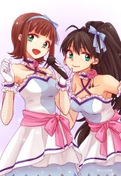 2girls amami_haruka antenna_hair black_hair bow breasts bright_egret_(idolmaster) brown_hair closed_mouth collar collarbone commentary_request criss-cross_halter dress earrings finger_to_own_chin fishnet_gloves fishnets frilled_collar frilled_gloves frills ganaha_hibiki gloves green_eyes hair_bow hairband halterneck high_ponytail holding holding_microphone hoop_earrings idolmaster idolmaster_(classic) idolmaster_2 jewelry long_hair looking_at_viewer microphone multiple_girls open_mouth pink_bow ponytail sakura_(ms_ms_ms) short_hair smile waist_bow white_dress white_gloves