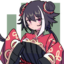 an_apple_akaao black_dress black_hair chinese_clothes double_bun dress hair_bun jia_xichun_(project_moon) limbus_company long_hair long_sleeves looking_at_viewer multicolored_hair pink_eyes project_moon red_shrug red_sleeves rope_belt simple_background solo standing streaked_hair twintails upper_body white_background white_streaks