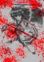 1girl ainu_clothes attack blood breasts cleavage fingerless_gloves gloves hair_ribbon highres large_breasts legs long_hair looking_at_viewer monochrome nakoruru pants ribbon samurai_spirits snk solo the_king_of_fighters thighs torn_clothes