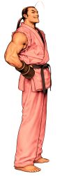 1boy absurdres ahoge bare_shoulders barefoot black_undershirt brown_hair capcom capcom_vs_snk_2 dougi facing_to_the_side fingerless_gloves game_cg gloves grin hands_on_own_hips hibiki_dan highres looking_to_the_side male_focus martial_arts_belt mma_gloves mori_toshiaki muscular muscular_male non-web_source official_art ponytail simple_background sleeveless smile solo street_fighter teeth torn_clothes torn_sleeves undershirt