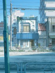 balcony bare_tree beer_crate blue_sky building condenser_unit day door highres lamppost no_humans original outdoors plant potted_plant power_lines scenery sky tounami tree utility_pole vines window