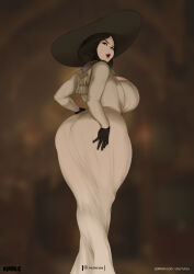 1girl alcina_dimitrescu ass breasts crossed_legs dress gloves hat highres hijab hijabolic huge_ass huge_breasts pale_skin resident_evil resident_evil_village simple_background solo yellow_eyes