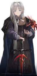 Rule 34 | 1girl, absurdres, black cape, blue cape, blue eyes, brown dress, cape, character name, closed mouth, dikke, disembodied hand, dress, flamberge, grey hair, highres, long hair, long sleeves, looking at viewer, reverse:1999, simple background, solo, sparkle, sword, wanghua, weapon, white background, zweihander
