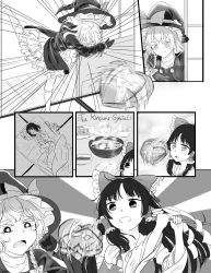 2girls :d absurdres bad_id bad_pixiv_id blanket blush bow bowl box braid buttons coat comic commentary_request covering_own_mouth d: detached_sleeves drooling emphasis_lines english_text futon gift gift_box gloves gohei greyscale hair_bow hair_tubes hakurei_reimu half-closed_eyes hat hat_bow heart-shaped_box highres holding kirisame_marisa long_hair long_sleeves monochrome motion_blur motion_lines multiple_girls open_mouth parted_bangs pillow pixelated remembering shroomia sick side_braid single_braid skull smile steam sweat tearing_up throwing touhou valentine wide_sleeves witch_hat