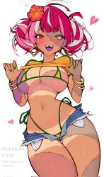 1girl ahoge alternate_breast_size alternate_costume ark_evil02 bangle bikini bikini_under_clothes bikini_under_shorts blunt_bangs bracelet brazilian_miku brazilian_miku_(cosplay) breasts clothes_pull colored_skin commentary corrupted_twitter_file cosplay cropped_shirt cross-shaped_pupils cutoffs denim denim_shorts diamond-shaped_pupils diamond_(shape) double_bun earrings english_text exposed_pocket fang fingernails flag_print flag_print_bikini flower gluteal_fold green_nails green_trim hair_bun hair_flower hair_ornament hatsune_miku heart heart-shaped_mouth heterochromia highleg highleg_bikini highres hololive hololive_indonesia jewelry kureiji_ollie large_breasts long_hair looking_at_viewer micro_bikini micro_shorts multicolored_hair nail_polish navel open_fly open_mouth patchwork_skin patreon_username pink_hair print_bikini red_hair shirt_pull shorts side-tie_bikini_bottom smile solo stitched_arm stitched_face stitched_leg stitched_torso stitches stomach streaked_hair swimsuit symbol-shaped_pupils tan tanline teeth thick_thighs thigh_gap thighs virtual_youtuber vocaloid white_background white_hair yellow_bikini yellow_nails zombie