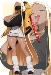 1girl animal_print arm_up artist_name baseball_bat black_mask black_shirt black_shoes blonde_hair border bow bowtie bra bra_peek breasts cardigan cleavage collared_shirt commentary_request contrapposto dark-skinned_female dark_skin diagonal-striped_background earrings eyeshadow fingernails forked_tongue full_body ganguro gluteal_fold grey_skirt gyaru half-closed_eyes high-waist_skirt highres holding holding_baseball_bat huge_breasts jewelry kogal leopard_print leopard_print_bra leopard_print_panties long_fingernails long_hair long_sidelocks looking_at_viewer loose_socks makeup mask microskirt mouth_mask off_shoulder open_collar open_mouth original partially_unbuttoned pink_eyeshadow pleated_skirt school_uniform scrunchie shiny_skin shirt shoes sidelocks skirt socks solo standing striped_background sweat taut_clothes taut_shirt teeth thighs tongue tongue_out toudori underwear upper_teeth_only very_long_hair very_long_sidelocks white_border wrist_scrunchie yellow_background yellow_bow yellow_bowtie yellow_bra yellow_cardigan yellow_eyes yellow_nails zoom_layer