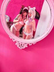 Rule 34 | 2girls, absurdres, animal ear legwear, bra, brown hair, cat ear legwear, cat ear thighhighs, cat legwear, cat thighhighs, cellphone, chocola (nekopara), chocola (nekopara) (cosplay), cosplay, cosplay photo, enafox, hidori rose, highres, holding, holding phone, indoors, long hair, matching underwear, mirror, multiple girls, nekopara, panties, phone, photo (medium), real life, smartphone, striped bra, striped clothes, striped panties, tattoo, underwear, underwear only, v, vanilla (nekopara), vanilla (nekopara) (cosplay), white bra, white hair, white panties
