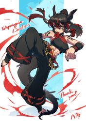 1girl abs absurdres angry bare_shoulders bell-bottoms black_hair black_horns black_nails black_pants black_shoes black_tail blue_eyes breasts commission covered_mouth crop_top dragon_girl dragon_horns dragon_tail fighting_stance hair_ribbon hata4564 highres horns lys_(atelier951) martial_arts midriff multicolored_eyes multicolored_hair nail_polish non-web_source original pants pointy_ears red_hair red_ribbon ribbon scales shoes skeb_commission small_breasts solo standing standing_on_one_leg strap streaked_hair tail thank_you toeless_legwear toenail_polish toenails toes yellow_eyes