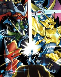 +_+ absurdres arm_blade arm_up armor black_armor black_helmet blue_skin chibimon colored_skin digimon digimon_(creature) dragon evolutionary_line fladramon gold_armor gold_helmet green_vest helmet highres horns imperialdramon imperialdramon_fighter_mode lighdramon looking_up magnamon paildramon pixiv_username red_armor red_eyes red_helmet richard_park shoulder_armor shoulder_spikes single_horn spikes twitter_logo twitter_username ulforcev-dramon v v-mon vest weapon white_skin