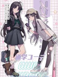 ahoge alternate_costume ankle_boots arms_behind_back awa_subaru bag bandaid bandaid_on_arm baseball_bat baseball_cap black_bow black_hair black_leggings black_neckerchief black_sailor_collar black_serafuku black_skirt blue_eyes boots bow brown_boots brown_shorts can character_name closed_mouth commentary_request dot_nose drinking_straw drinking_straw_in_mouth dual_persona full_body girls_band_cry gloves grey_bow hair_bow hat highres holding holding_bag holding_baseball_bat holding_can leaning_forward leggings leggings_under_shorts long_hair long_sidelocks long_sleeves looking_at_viewer miniskirt monster_energy neckerchief parted_bangs plaid_background pleated_skirt ponytail purple_nails sailor_collar school_bag school_uniform serafuku shirt shoes short_shorts short_sleeves shorts sidelocks single_glove skirt smile sneakers socks standing standing_on_one_leg star_(symbol) t-shirt tochigi_1990 translation_request watch white_gloves white_shirt white_shoes white_socks wristwatch