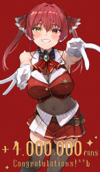 1girl absurdres bare_shoulders black_leotard black_thighhighs blush breasts congratulations covered_navel cowboy_shot cropped_jacket english_text gloves haru_yu heterochromia highres hololive houshou_marine jacket large_breasts leotard long_hair milestone_celebration miniskirt parted_lips pleated_skirt red_background red_eyes red_hair red_jacket red_skirt see-through_clothes see-through_leotard simple_background skirt sleeveless sleeveless_jacket smile solo teeth thighhighs twintails virtual_youtuber white_gloves yellow_eyes