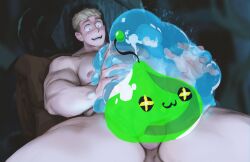1boy absurdres bara biceps blonde_hair broad_shoulders censored dungeon_meshi highres hoonzino laios_touden looking_down male_focus muscular muscular_male nipples open_mouth slime_(creature) smile wide-eyed yellow_eyes