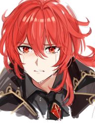 1boy bad_id bad_twitter_id blush collar collared_shirt crying crying_with_eyes_open diluc_(genshin_impact) genshin_impact hair_between_eyes jacket long_hair looking_at_viewer male_focus necktie open_mouth red_eyes red_hair shirt simple_background solo sssss2222 tears white_background