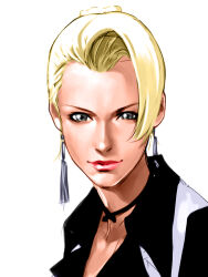 1girl blonde_hair blue_eyes dress earrings formal_clothes hair_bun hair_over_one_eye hiroaki_(kof) jewelry long_hair looking_at_viewer mature_(kof) pale_skin smile smiley_face suit the_king_of_fighters thick_lips