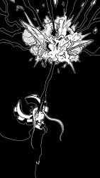 1girl absurdres destruction deus_ex_maki-chan dress expressionless eye_beam high_contrast highres horns long_hair mechanical_horns monochrome nazo_no_diaboro original solo wide-eyed
