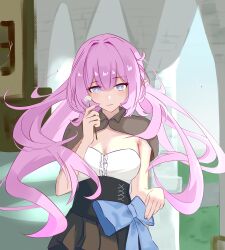 1girl absurdres alternate_costume black_dress blue_eyes blue_ribbon breasts chinese_commentary cleavage commentary_request dress elf elysia_(honkai_impact) flower highres holding holding_flower honkai_(series) honkai_impact_3rd indoors large_breasts long_hair looking_at_viewer pink_hair pointy_ears qianying ribbon solo upper_body