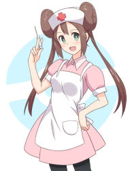 Rule 34 | 10s, 1girl, alternate costume, brown hair, double bun, female focus, green eyes, hair bun, hand on own hip, hat, hyakuen raitaa, long hair, nintendo, nurse, nurse cap, pantyhose, pokemon, pokemon bw2, rosa (pokemon), solo, syringe, twintails