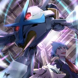 1boy :d alternate_color ayo_(ayosanri009) collared_shirt commentary_request gen_3_pokemon grey_eyes grey_hair jacket jewelry long_sleeves male_focus mega_metagross mega_pokemon metagross necktie nintendo open_mouth outstretched_arm pokemon pokemon_(anime) pokemon_(creature) pokemon_journeys red_necktie ring shiny_pokemon shirt short_hair signature smile spiked_hair steven_stone white_shirt