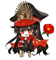 1girl :d absurdres black_hair black_hat black_jacket black_pants cape chibi fate/grand_order fate_(series) flower full_body gloves hat highres jacket long_sleeves looking_at_viewer oda_nobunaga_(fate) oda_nobunaga_(koha-ace) oda_uri open_mouth pants peaked_cap red_cape red_eyes red_flower simple_background smile solo white_background white_gloves xixing_chun
