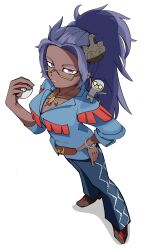 Rule 34 | 1girl, absurdres, bara niku (ydyh4577), black hair, blue shirt, bracelet, breasts, brown shoes, cleavage, closed mouth, collared shirt, commentary request, dark-skinned female, dark skin, gimmighoul, glasses, hair ornament, hand on own hip, highres, holding, holding poke ball, jewelry, long hair, nintendo, on shoulder, pants, poke ball, poke ball (basic), pokemon, pokemon (creature), pokemon on shoulder, pokemon sv, ponytail, raifort (pokemon), shirt, shoes, sleeves rolled up, standing