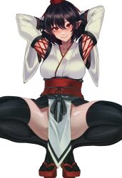 1girl arms_behind_head black_hair breasts closed_mouth commentary_request detached_sleeves hair_between_eyes hat highres kourindou_tengu_costume long_hair looking_at_viewer medium_breasts pelvic_curtain pointy_ears red_eyes red_hat shameimaru_aya short_hair simple_background smile solo squatting tabi thighhighs tokin_hat touhou volyz white_background white_sleeves