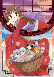 2girls 6+boys basket black_hair blonde_hair bow brown_eyes brown_hair fruits_basket grey_eyes grey_hair honda_tooru japanese_clothes kimono kuromai long_hair multicolored_hair multiple_boys multiple_girls obi orange_hair sash smile sohma_ayame sohma_hatori sohma_hatsuharu souma_kisa sohma_kyou sohma_momiji sohma_shigure sohma_yuki tears two-tone_hair white_hair yellow_eyes