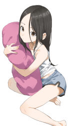 Rule 34 | 1girl, absurdres, bare arms, bare legs, bare shoulders, barefoot, black hair, blue shorts, brown eyes, camisole, closed mouth, collarbone, commentary request, hair between eyes, highres, hugging object, long hair, looking at viewer, original, parted bangs, pillow, pillow hug, short shorts, shorts, simple background, solo, very long hair, white background, white camisole, yamamoto souichirou