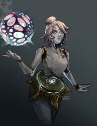 1girl absurdres anomaly_(arcane) arcane:_league_of_legends ball colored_sclera cropped_legs gradient_background grey_background grey_sclera hair_bun highres kenapplepi league_of_legends orianna_(league_of_legends) robot_girl short_hair solo