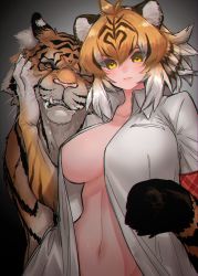 1girl absurdres animal animal_ear_fluff animal_ears black_hair breasts chromatic_aberration claws closed_mouth collarbone commentary creature_and_personification fang fang_out fingernails fur_trim hair_between_eyes highres kemono_friends large_breasts looking_at_viewer midriff_peek multicolored_hair navel no_bra notora open_clothes open_shirt orange_hair personification saliva sharp_fingernails shirt short_hair tail tiger tiger_(kemono_friends) tiger_ears tiger_tail upper_body whiskers white_hair white_shirt yellow_eyes