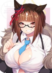 1girl animal_ears between_breasts black-framed_eyewear blue_archive blue_necktie blunt_bangs blush bob_cut breasts brown_hair button_gap cleavage commentary_request cosplay glasses grin highres hisagi_(hisagi00) horse_ears horse_girl hoshino_(blue_archive) hoshino_(blue_archive)_(cosplay) indoors large_breasts looking_at_viewer multicolored_hair necktie necktie_between_breasts red_eyes roots_(hair) shirt short_hair smile solo suspenders transcend_(umamusume) umamusume upper_body v-shaped_eyebrows watermark white_shirt