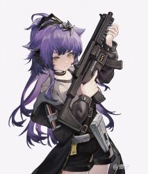 1girl animal_ears arknights black_jacket black_shorts ca_zi chinese_commentary closed_mouth commentary_request cowboy_shot grey_background grey_shirt gun headset highres holding holding_gun holding_weapon jacket jessica_(arknights) jessica_the_liberated_(arknights) long_sleeves looking_at_viewer off_shoulder purple_hair shirt short_shorts shorts simple_background solo standing submachine_gun t-shirt watermark weapon yellow_eyes