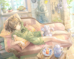 1girl arm_up bad_feet bare_legs barefoot brown_hair cactus couch coz_(commit) dress drink feet female_focus fire_poker fish glass green_dress indoors open_mouth original pillow plant potted_plant red_eyes saucer short_dress short_hair sitting solo stove stuffed_animal stuffed_rabbit stuffed_toy suitcase table teapot trowel vines watering_can window windowsill