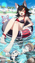 Rule 34 | 4girls, :3, animal ear fluff, animal ears, barefoot, beach, beach chair, beach umbrella, bikini, black bikini, black hair, black tail, blue eyes, blue one-piece swimsuit, blue sky, blush, breasts, brown hair, closed mouth, collarbone, cup, day, feet, fish, fox girl, fox tail, hair ornament, highres, holding, holding cup, hololive, hololive gamers, innertube, inugami korone, knees together feet apart, knees up, legs, multicolored bikini, multicolored hair, multiple girls, nekomata okayu, ocean, octopus, one-piece swimsuit, one eye closed, ookami mio, open mouth, orange eyes, outdoors, palm tree, purple hair, red bikini, red hair, ripples, sea turtle, shadow, shirakami fubuki, signature, sitting, sky, small breasts, smile, soaking feet, solo focus, streaked hair, swim ring, swimsuit, tail, toenails, toes, tokumaro, tree, turtle, two-tone bikini, umbrella, underwater, virtual youtuber, water, wet, white hair, wolf ears, wolf girl