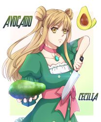 1girl absurdres avocado blonde_hair bow choker collarbone copyright_name double_bun dress food fruit green_dress hair_bun highres holding holding_food holding_fruit holding_knife jewelry knife lan_ruobing long_hair looking_at_viewer rei_kuin short_sleeves solo yellow_eyes zhandou_wang_zhi_jufeng_zhan_hun