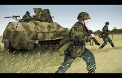 4boys animification armored_vehicle bag balkenkreuz battle_of_kursk belt blue_sky bolt_action boots camouflage combat_helmet commentary_request cross german_commentary gradient_sky grass gun helmet highres keiita machine_gun mauser_98 mg34 military military_uniform mixed-language_commentary multiple_boys real_life rifle russia sky soldier stahlhelm tree waffen-ss weapon world_war_ii