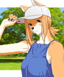 1girl absurdres adjusting_clothes adjusting_headwear animal_ears animal_nose bare_shoulders black_nails blue_shirt blush breasts brown_hair closed_mouth dog_ears dog_girl flying_witch furry furry_female hat highres holding holding_unworn_clothes holding_unworn_hat inukai_(flying_witch) ishizuka_chihiro large_breasts long_sleeves looking_at_viewer medium_hair nail_polish official_art outdoors ponytail shirt simple_background sleeveless sleeveless_shirt smile solo tail tree unworn_hat unworn_headwear white_hat yellow_eyes