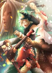 2girls 4boys aerith_gainsborough animal aqua_eyes armor asymmetrical_hair barret_wallace belt black_hair black_jacket black_thighhighs blonde_hair bracelet braid braided_ponytail brown_hair brown_vest buster_sword choker claws closed_eyes cloud_strife cropped_jacket dark-skinned_male dark_skin dress falling_petals fighting_stance final_fantasy final_fantasy_vii final_fantasy_vii_remake fingerless_gloves flame-tipped_tail gloves hair_ribbon high_collar highres holding holding_sword holding_weapon jacket jewelry long_dress long_hair low-tied_long_hair lower_teeth_only midriff moriiiiiiiiiinn multiple_belts multiple_boys multiple_girls open_mouth own_hands_clasped own_hands_together parted_bangs parted_lips petals pink_dress praying red_eyes red_jacket red_xiii ribbon scar scar_across_eye scar_on_face sephiroth sharp_teeth shirt short_hair shoulder_armor sideburns sidelocks silver_hair skirt sleeveless sleeveless_turtleneck spiked_hair sports_bra sunglasses suspender_skirt suspenders sword teeth thigh_strap thighhighs tifa_lockhart turtleneck upper_body upper_teeth_only very_short_hair vest weapon white_shirt yellow_eyes
