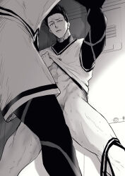 2boys abs barou_shouei blue_lock blue_lock_bodysuit chuma_a_a clothes_lift from_below greyscale highres lifting_another&#039;s_clothes locker lower_body male_focus male_pubic_hair male_underwear male_underwear_pull monochrome multiple_boys muscular muscular_male nagi_seishirou no_pants out_of_frame pubic_hair shirt_lift short_hair soccer_uniform sportswear sweat thighs tight_clothes underwear yaoi