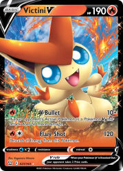 :d animal_focus artist_name blue_eyes blue_sky card_(medium) character_name cloud company_name copyright_name copyright_notice day dot_nose english_text fangs fire full_body gen_5_pokemon himeno_kagemaru legendary_pokemon mythical_pokemon nintendo no_humans official_art open_mouth outdoors outstretched_arms pokemon pokemon_(creature) pokemon_card pokemon_focus pokemon_tcg sky smile solo sparkle spread_arms third-party_source trading_card victini