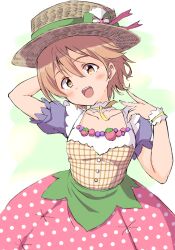 Rule 34 | 1girl, :d, blush, boater hat, brown hat, collarbone, cowboy shot, green background, hat, highres, hoshizora rin, looking at viewer, love live!, love live! school idol project, open mouth, orange hair, pink skirt, puffy short sleeves, puffy sleeves, purple sleeves, sen (sen0910), shirt, short hair, short sleeves, skirt, smile, solo, straw hat, teeth, upper teeth only, yellow eyes, yellow shirt