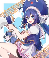 1girl :d ahoge beamed_eighth_notes bike_shorts bike_shorts_under_skirt black_shorts blue_background blue_eyes blue_hair blue_hat border bow braid eel_hat eighth_note fang feet_out_of_frame frilled_skirt frills from_side hair_between_eyes hair_bow hat hat_ribbon holding holding_megaphone large_hat layered_skirt long_hair looking_at_viewer low-braided_long_hair low-tied_long_hair megaphone mo_kiduti musical_note musical_note_print musical_staff no_detached_sleeves open_mouth otomachi_una otomachi_una_(sugar) outline outside_border pleated_skirt puffy_short_sleeves puffy_sleeves quarter_note ribbon sailor_collar short_sleeves shorts sidelocks skin_fang skirt sleeve_cuffs smile solo star_(symbol) striped_bow striped_ribbon twintails very_long_hair vocaloid white_border white_outline white_ribbon white_sailor_collar white_skirt