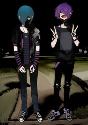 2boys 2n5 absurdres androgynous aqua_hair bracelet closed_eyes collarbone double_v emo_fashion full_body glowing glowing_eye hair_over_one_eye highres jacket jewelry male_focus meme multiple_boys open_clothes open_jacket open_mouth original outdoors pants pendant shaded_face shirt shoes short_hair short_sleeves skinny_jeans smile sneakers standing striped_arm_warmers striped_clothes striped_shirt tongue torn_clothes torn_pants v why_dis_ninja_look_so_mad_(meme) yellow_eyes