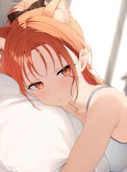1girl amatou_(ko_me_9) animal_ear_fluff armpit_crease bare_shoulders black_bow blurry blurry_background blush bow breasts camisole commentary_request extra_ears hair_bow head_on_pillow highres hugging_object indoors looking_at_viewer nijisanji official_alternate_costume official_alternate_hairstyle orange_eyes orange_hair pillow pillow_hug ratna_petit ratna_petit_(8th_costume) red_panda_ears red_panda_girl solo virtual_youtuber white_camisole