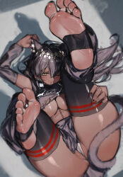 1girl absurdres animal_ears black_hair black_nails black_shirt black_skirt black_sleeves black_thighhighs blush breasts cat_ears cat_girl cat_tail closed_mouth commission crop_top dark-skinned_female dark_skin detached_sleeves feet fingernails foot_focus foreshortening from_above gradient_nails greedice hair_between_eyes headphones headphones_around_neck highres holding_own_leg jewelry large_breasts legs legs_up long_fingernails long_hair looking_at_viewer lying nail_polish no_shoes on_back one_eye_closed original panties partially_visible_vulva pixiv_commission red_nails shadow shirt skirt soles solo stirrup_legwear tail thighhighs thighs toe_ring toeless_legwear toenail_polish toenails toes torn_clothes torn_shirt underwear white_panties yellow_eyes