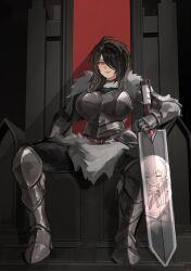 1girl absurdres armor armored_boots armored_gloves black_hair black_pants boots breasts character_request closed_mouth commentary hair_over_one_eye highres holding holding_sword holding_weapon large_breasts light_smile looking_at_viewer medium_hair norza one_eye_covered original pants parted_bangs purple_eyes ragnar_(norza) reflection sitting sitting_on_throne solo_focus sword throne weapon