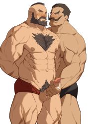 Rule 34 | 2boys, abs, absurdres, arms behind back, bara, beard, black male underwear, blush, briefs, chest hair, couple, dark-skinned male, dark skin, darun mister, erection, facial hair, feet out of frame, handjob, highres, interracial, large pectorals, looking at another, male focus, male pubic hair, male underwear, mature male, mohawk, multiple boys, muscular, muscular male, mustache, navel, nipples, pectorals, penis, precum, pubic hair, red male underwear, ryker, scar, scar on arm, scar on leg, short hair, sideburns, stomach, street fighter, street fighter ex (series), street fighter zero (series), thick thighs, thighs, topless male, uncensored, underwear, white background, yaoi, zangief