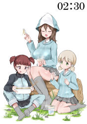 aki_(girls_und_panzer) blonde_hair blush breasts brown_eyes brown_hair chopsticks closed_eyes closed_mouth food fork girls_und_panzer green_eyes grey_skirt grey_socks hat highres keizoku_school_uniform large_breasts long_hair looking_at_another microskirt mika_(girls_und_panzer) mikko_(girls_und_panzer) naopon918 noodles open_mouth pleated_skirt ramen school_uniform simple_background skirt small_breasts smile socks tongue tongue_out tulip_hat twintails white_background